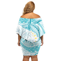 Polynesia Humpback Whale Family Matching Off Shoulder Short Dress and Hawaiian Shirt Tropical Plumeria Turquoise LT7 - Polynesian Pride