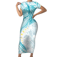 Polynesia Humpback Whale Family Matching Short Sleeve Bodycon Dress and Hawaiian Shirt Tropical Plumeria Turquoise LT7 Mom's Dress Turquoise - Polynesian Pride