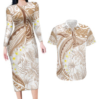 Polynesia Humpback Whale Couples Matching Long Sleeve Bodycon Dress and Hawaiian Shirt Tropical Plumeria Beige LT7 Beige - Polynesian Pride