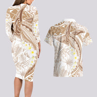 Polynesia Humpback Whale Couples Matching Long Sleeve Bodycon Dress and Hawaiian Shirt Tropical Plumeria Beige LT7 - Polynesian Pride