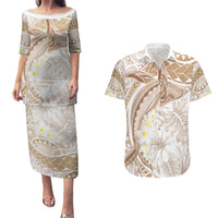 Polynesia Humpback Whale Couples Matching Puletasi and Hawaiian Shirt Tropical Plumeria Beige