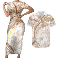 Polynesia Humpback Whale Couples Matching Short Sleeve Bodycon Dress and Hawaiian Shirt Tropical Plumeria Beige LT7 Beige - Polynesian Pride