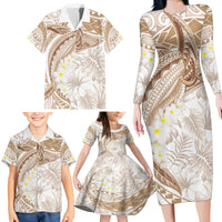 Polynesia Humpback Whale Family Matching Long Sleeve Bodycon Dress and Hawaiian Shirt Tropical Plumeria Beige LT7 - Polynesian Pride