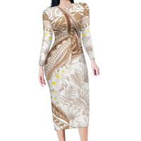 Polynesia Humpback Whale Family Matching Long Sleeve Bodycon Dress and Hawaiian Shirt Tropical Plumeria Beige LT7 Mom's Dress Beige - Polynesian Pride