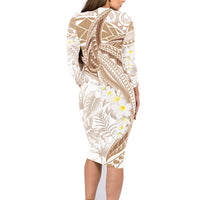 Polynesia Humpback Whale Family Matching Long Sleeve Bodycon Dress and Hawaiian Shirt Tropical Plumeria Beige LT7 - Polynesian Pride