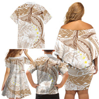 Polynesia Humpback Whale Family Matching Off Shoulder Short Dress and Hawaiian Shirt Tropical Plumeria Beige LT7 - Polynesian Pride