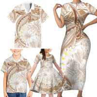 Polynesia Humpback Whale Family Matching Short Sleeve Bodycon Dress and Hawaiian Shirt Tropical Plumeria Beige LT7 - Polynesian Pride