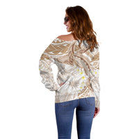 Polynesia Humpback Whale Off Shoulder Sweater Tropical Plumeria Beige