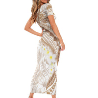 Polynesia Humpback Whale Short Sleeve Bodycon Dress Tropical Plumeria Beige