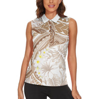 Polynesia Humpback Whale Women Sleeveless Polo Shirt Tropical Plumeria Beige