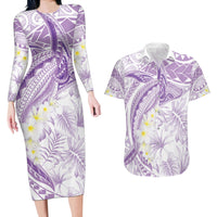 Polynesia Humpback Whale Couples Matching Long Sleeve Bodycon Dress and Hawaiian Shirt Tropical Plumeria Lavender LT7 Lavender - Polynesian Pride