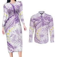 Polynesia Humpback Whale Couples Matching Long Sleeve Bodycon Dress and Long Sleeve Button Shirt Tropical Plumeria Lavender
