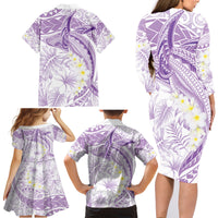 Polynesia Humpback Whale Family Matching Long Sleeve Bodycon Dress and Hawaiian Shirt Tropical Plumeria Lavender LT7 - Polynesian Pride