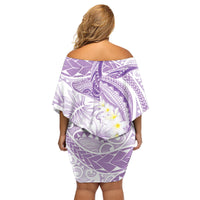 Polynesia Humpback Whale Family Matching Off Shoulder Short Dress and Hawaiian Shirt Tropical Plumeria Lavender LT7 - Polynesian Pride