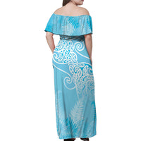 Aotearoa Maori Koru Curves Family Matching Off Shoulder Maxi Dress and Hawaiian Shirt Silver Ferns - Turquoise LT7 - Polynesian Pride