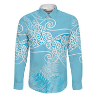 Aotearoa Maori Koru Curves Family Matching Off Shoulder Short Dress and Hawaiian Shirt Silver Ferns - Turquoise LT7 Dad's Shirt - Long Sleeve Turquoise - Polynesian Pride