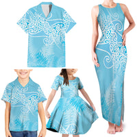 Aotearoa Maori Koru Curves Family Matching Tank Maxi Dress and Hawaiian Shirt Silver Ferns - Turquoise LT7 - Polynesian Pride