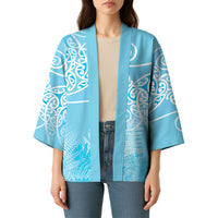 Aotearoa Maori Koru Curves Kimono Silver Ferns - Turquoise