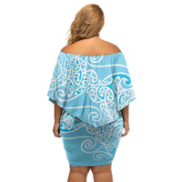 Aotearoa Maori Koru Curves Off Shoulder Short Dress Silver Ferns - Turquoise