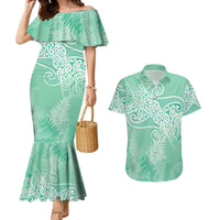 Aotearoa Maori Koru Curves Couples Matching Mermaid Dress and Hawaiian Shirt Silver Ferns - Mint LT7 Mint Green - Polynesian Pride