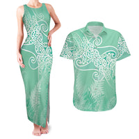 Aotearoa Maori Koru Curves Couples Matching Tank Maxi Dress and Hawaiian Shirt Silver Ferns - Mint LT7 Mint Green - Polynesian Pride