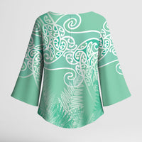 Aotearoa Maori Koru Curves Kimono Sleeve Blouse Silver Ferns - Mint