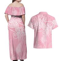 Aotearoa Maori Koru Curves Couples Matching Off Shoulder Maxi Dress and Hawaiian Shirt Silver Ferns - Rose Pink LT7 - Polynesian Pride