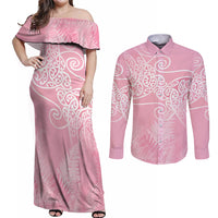 Aotearoa Maori Koru Curves Couples Matching Off Shoulder Maxi Dress and Long Sleeve Button Shirt Silver Ferns - Rose Pink LT7 Pink - Polynesian Pride