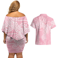 Aotearoa Maori Koru Curves Couples Matching Off Shoulder Short Dress and Hawaiian Shirt Silver Ferns - Rose Pink LT7 - Polynesian Pride