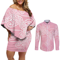 Aotearoa Maori Koru Curves Couples Matching Off Shoulder Short Dress and Long Sleeve Button Shirt Silver Ferns - Rose Pink LT7 Pink - Polynesian Pride