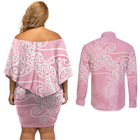 Aotearoa Maori Koru Curves Couples Matching Off Shoulder Short Dress and Long Sleeve Button Shirt Silver Ferns - Rose Pink LT7 - Polynesian Pride