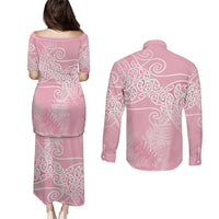 Aotearoa Maori Koru Curves Couples Matching Puletasi and Long Sleeve Button Shirt Silver Ferns - Rose Pink