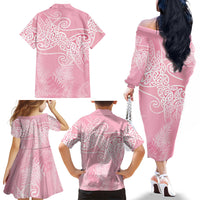 Aotearoa Maori Koru Curves Family Matching Off The Shoulder Long Sleeve Dress and Hawaiian Shirt Silver Ferns - Rose Pink LT7 - Polynesian Pride