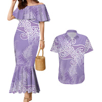 Aotearoa Maori Koru Curves Couples Matching Mermaid Dress and Hawaiian Shirt Silver Ferns - Amethyst LT7 Purple - Polynesian Pride