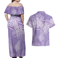 Aotearoa Maori Koru Curves Couples Matching Off Shoulder Maxi Dress and Hawaiian Shirt Silver Ferns - Amethyst LT7 - Polynesian Pride