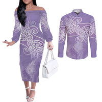 Aotearoa Maori Koru Curves Couples Matching Off The Shoulder Long Sleeve Dress and Long Sleeve Button Shirt Silver Ferns - Amethyst LT7 Purple - Polynesian Pride