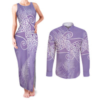 Aotearoa Maori Koru Curves Couples Matching Tank Maxi Dress and Long Sleeve Button Shirt Silver Ferns - Amethyst