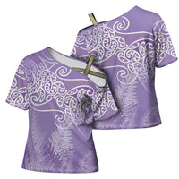 Aotearoa Maori Koru Curves Cross Shoulder Shirt Silver Ferns - Amethyst