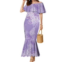 Aotearoa Maori Koru Curves Family Matching Mermaid Dress and Hawaiian Shirt Silver Ferns - Amethyst LT7 Mom's Dress Purple - Polynesian Pride