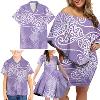 Aotearoa Maori Koru Curves Family Matching Off Shoulder Short Dress and Hawaiian Shirt Silver Ferns - Amethyst LT7 - Polynesian Pride