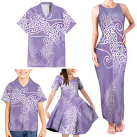 Aotearoa Maori Koru Curves Family Matching Tank Maxi Dress and Hawaiian Shirt Silver Ferns - Amethyst LT7 - Polynesian Pride