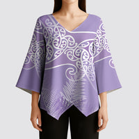 Aotearoa Maori Koru Curves Kimono Sleeve Blouse Silver Ferns - Amethyst