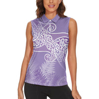 Aotearoa Maori Koru Curves Women Sleeveless Polo Shirt Silver Ferns - Amethyst