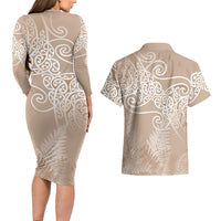 Aotearoa Maori Koru Curves Couples Matching Long Sleeve Bodycon Dress and Hawaiian Shirt Silver Ferns - Mocha LT7 - Polynesian Pride