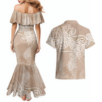 Aotearoa Maori Koru Curves Couples Matching Mermaid Dress and Hawaiian Shirt Silver Ferns - Mocha LT7 - Polynesian Pride