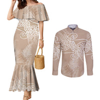 Aotearoa Maori Koru Curves Couples Matching Mermaid Dress and Long Sleeve Button Shirt Silver Ferns - Mocha LT7 Beige - Polynesian Pride