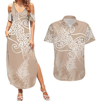 Aotearoa Maori Koru Curves Couples Matching Summer Maxi Dress and Hawaiian Shirt Silver Ferns - Mocha LT7 Beige - Polynesian Pride