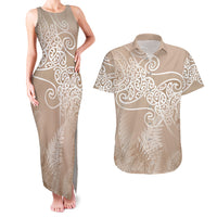 Aotearoa Maori Koru Curves Couples Matching Tank Maxi Dress and Hawaiian Shirt Silver Ferns - Mocha LT7 Beige - Polynesian Pride