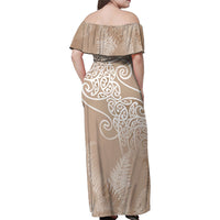 Aotearoa Maori Koru Curves Family Matching Off Shoulder Maxi Dress and Hawaiian Shirt Silver Ferns - Mocha LT7 - Polynesian Pride