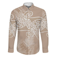 Aotearoa Maori Koru Curves Family Matching Off Shoulder Short Dress and Hawaiian Shirt Silver Ferns - Mocha LT7 Dad's Shirt - Long Sleeve Beige - Polynesian Pride